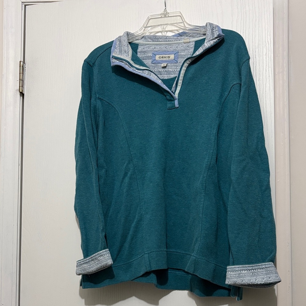 Orvis Teal and Gray Women's Cowl Neck Sweater